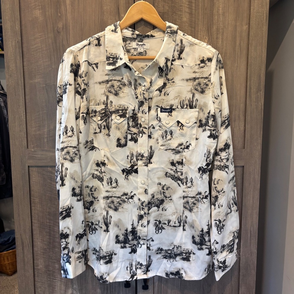 Wrangler Retro Western Cowboy Print Snap Shirt Satin Cream Black Medium